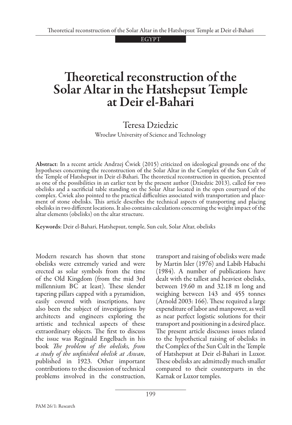 Theoretical Reconstruction of the Solar Altar in the Hatshepsut Temple at Deir El-Bahari EGYPT