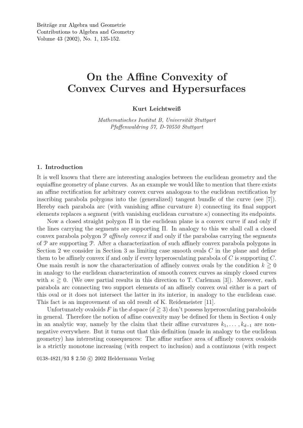 On the Affine Convexity of Convex Curves and Hypersurfaces