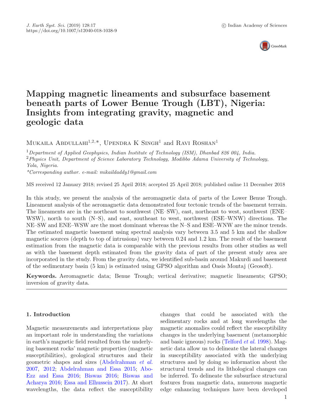 Mapping Magnetic Lineaments and Subsurface Basement Beneath Parts of Lower Benue Trough (LBT), Nigeria: Insights from Integrating Gravity, Magnetic and Geologic Data