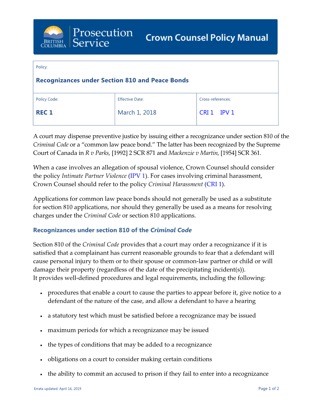 Recognizances Under Section 810 and Peace Bonds (REC 1)