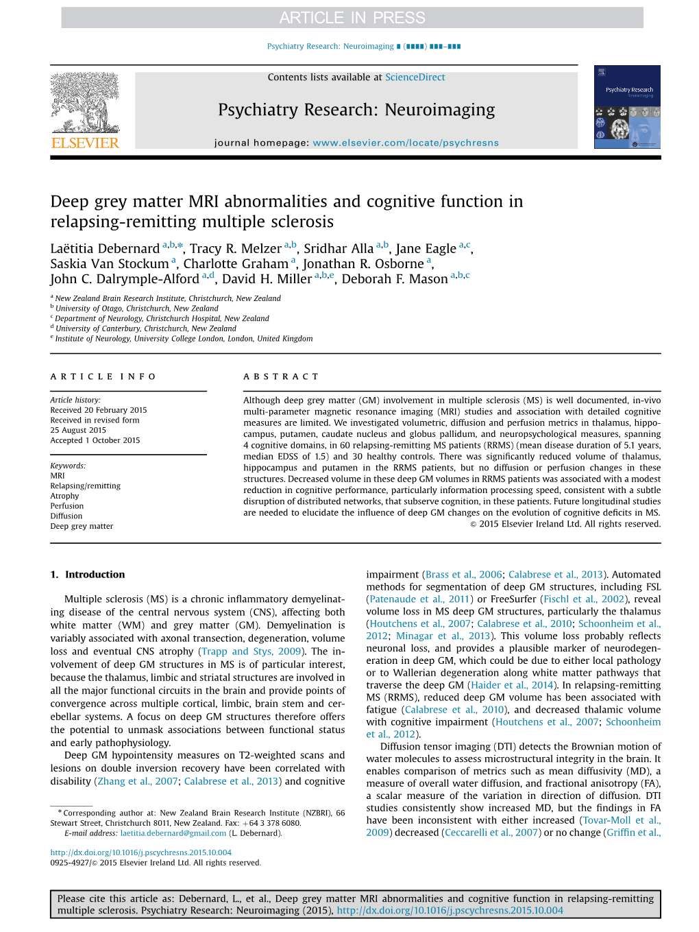 Deep Grey Matter MRI Abnormalities and Cognitive Function in Relapsing-Remitting Multiple Sclerosis