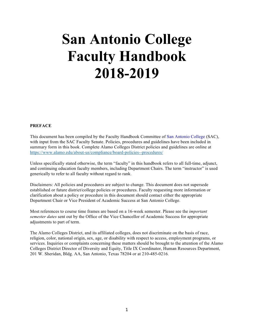 San Antonio College Faculty Handbook 2018-2019