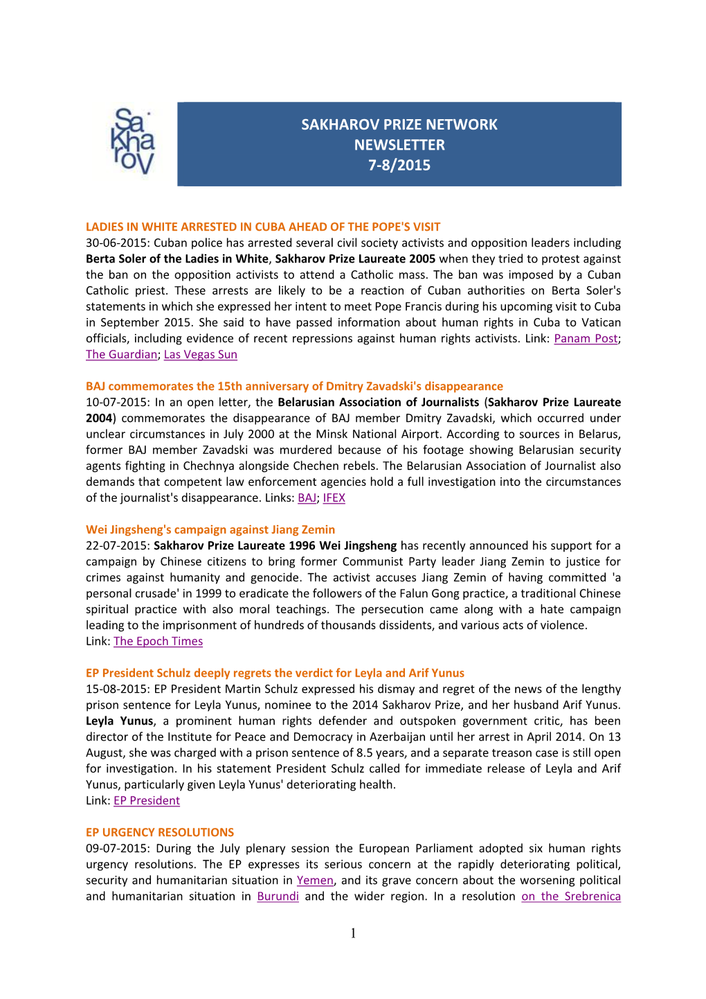 Sakharov Prize Network Newsletter 7-8/2015