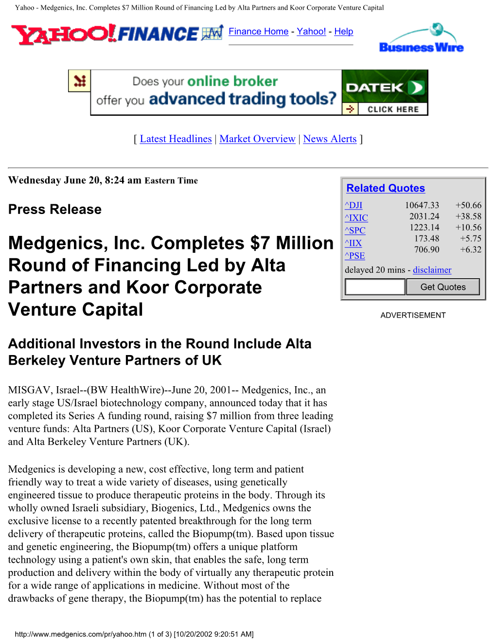 Yahoo - Medgenics, Inc