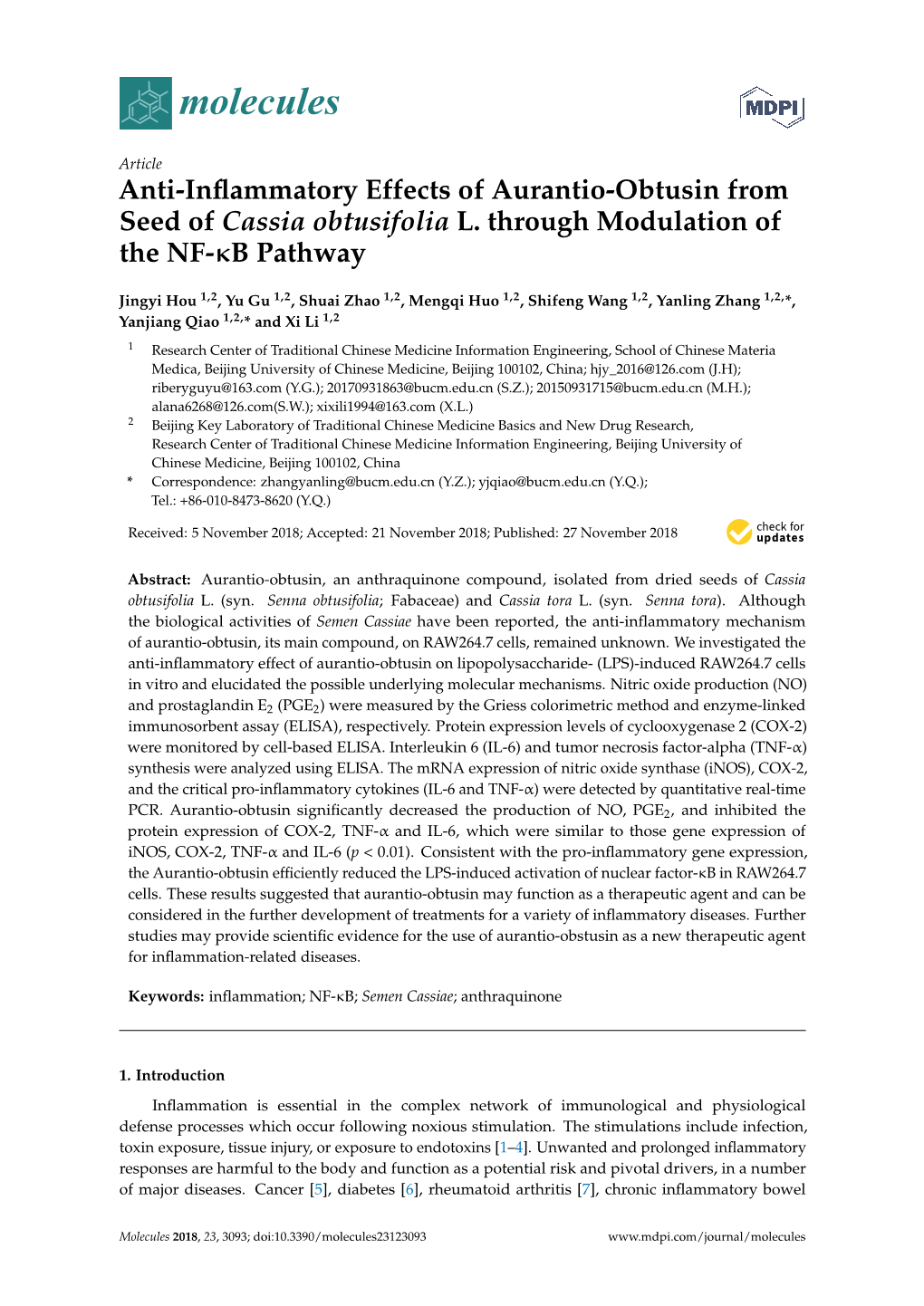 Anti-Inflammatory Effects of Aurantio-Obtusin from Seed of Cassia Obtusifolia L