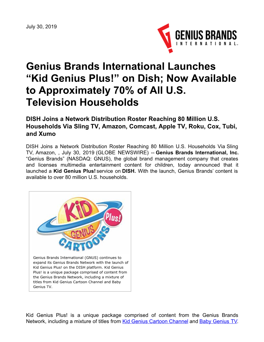 Genius Brands International Launches “Kid Genius Plus!” on Dish; Now Available to Approximately 70% of All U.S