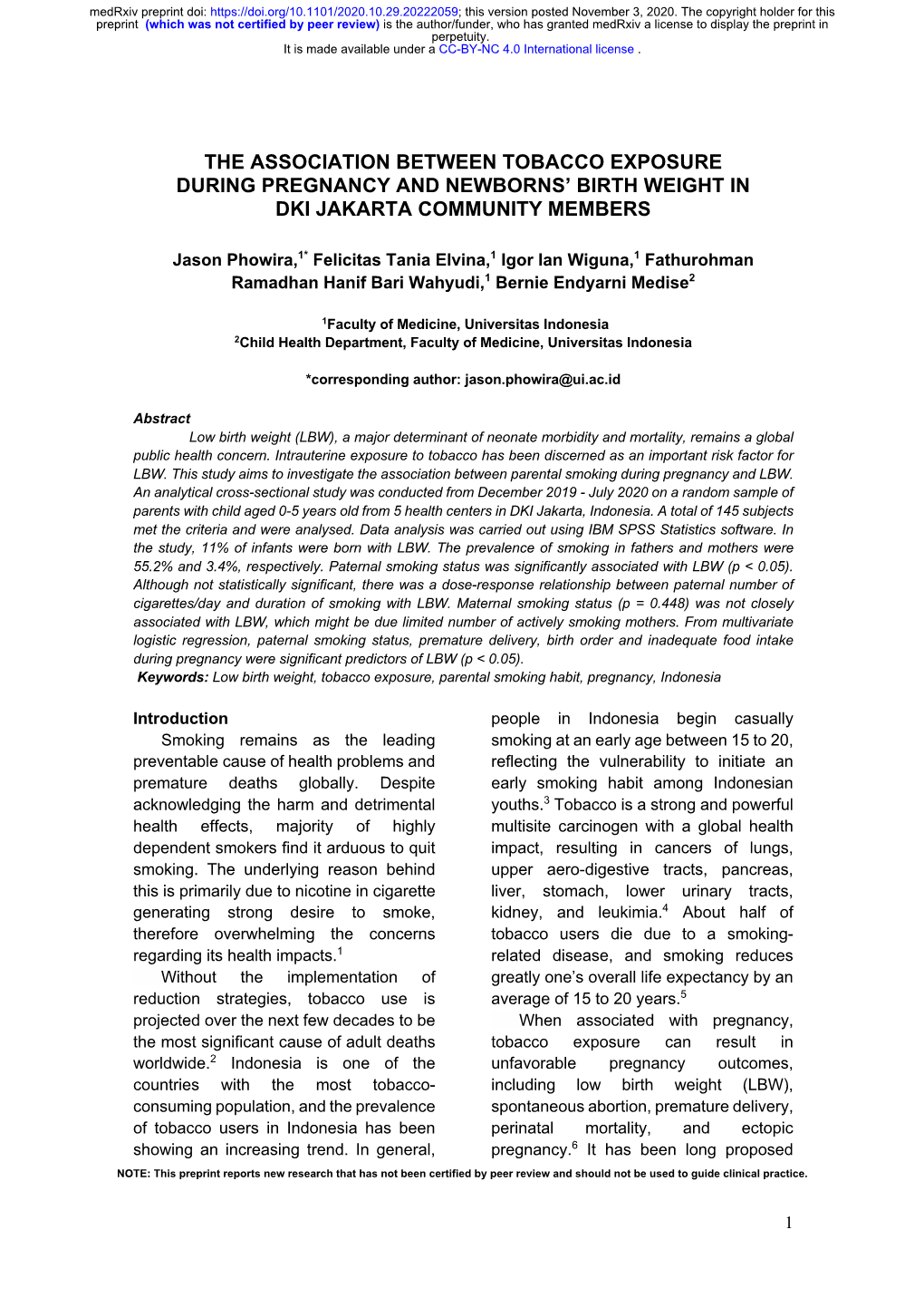 The Association Between Tobacco Exposure During Pregnancy and Newborns’ Birth Weight in Dki Jakarta Community Members