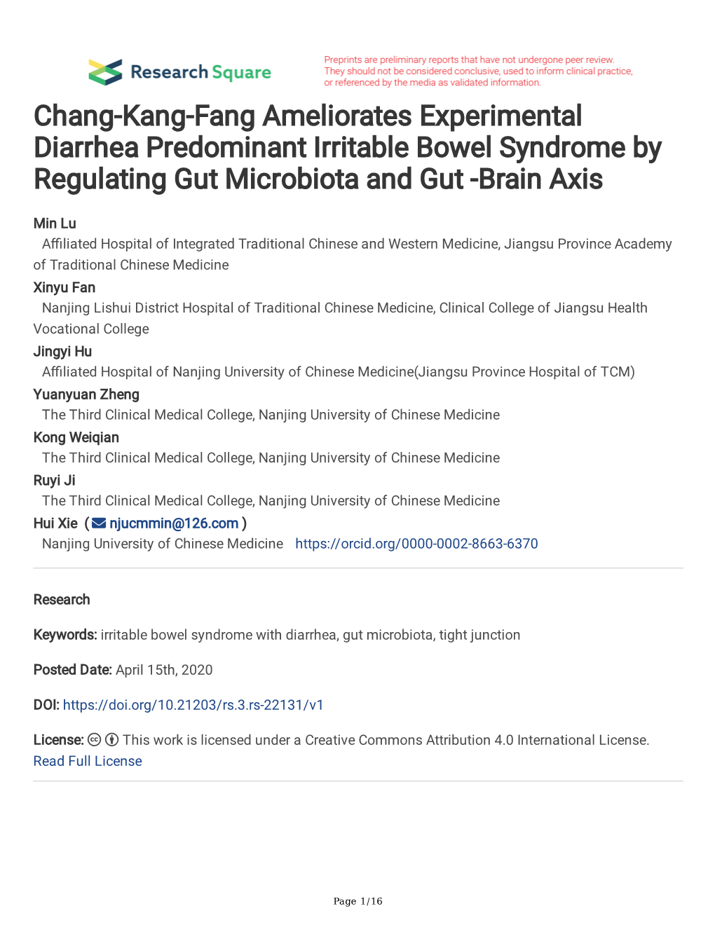 Chang-Kang-Fang Ameliorates Experimental Diarrhea Predominant Irritable Bowel Syndrome by Regulating Gut Microbiota and Gut -Brain Axis