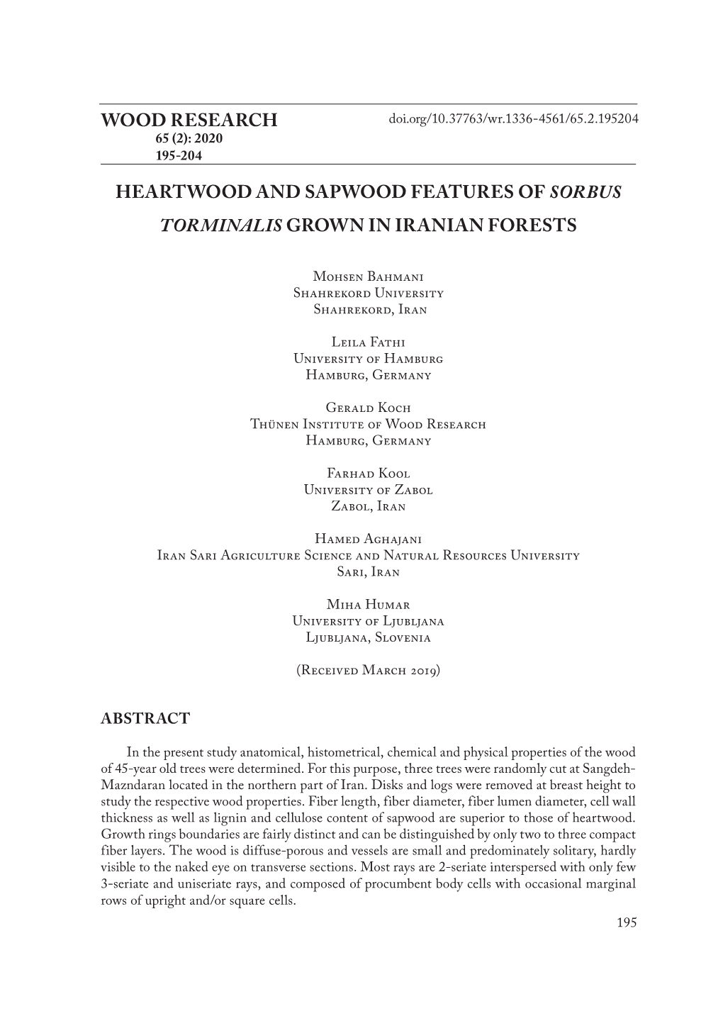 Heartwood and Sapwood Features of Sorbus Torminalis Grown in Iranian Forests