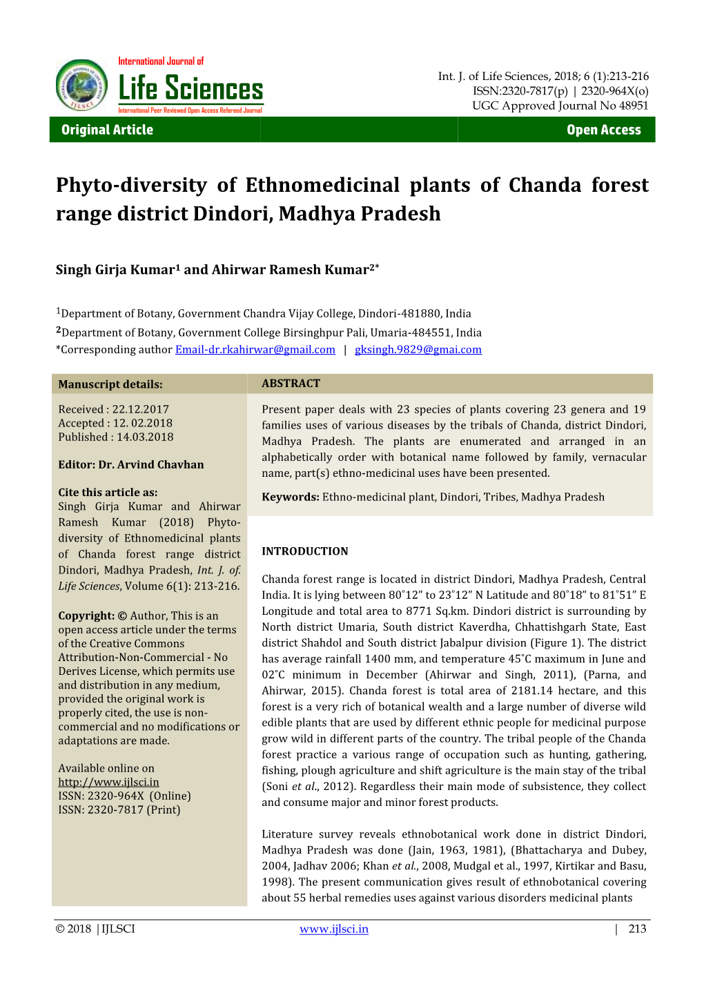 Phyto-Diversity of Ethnomedicinal Plants of Chanda Forest Range District Dindori, Madhya Pradesh