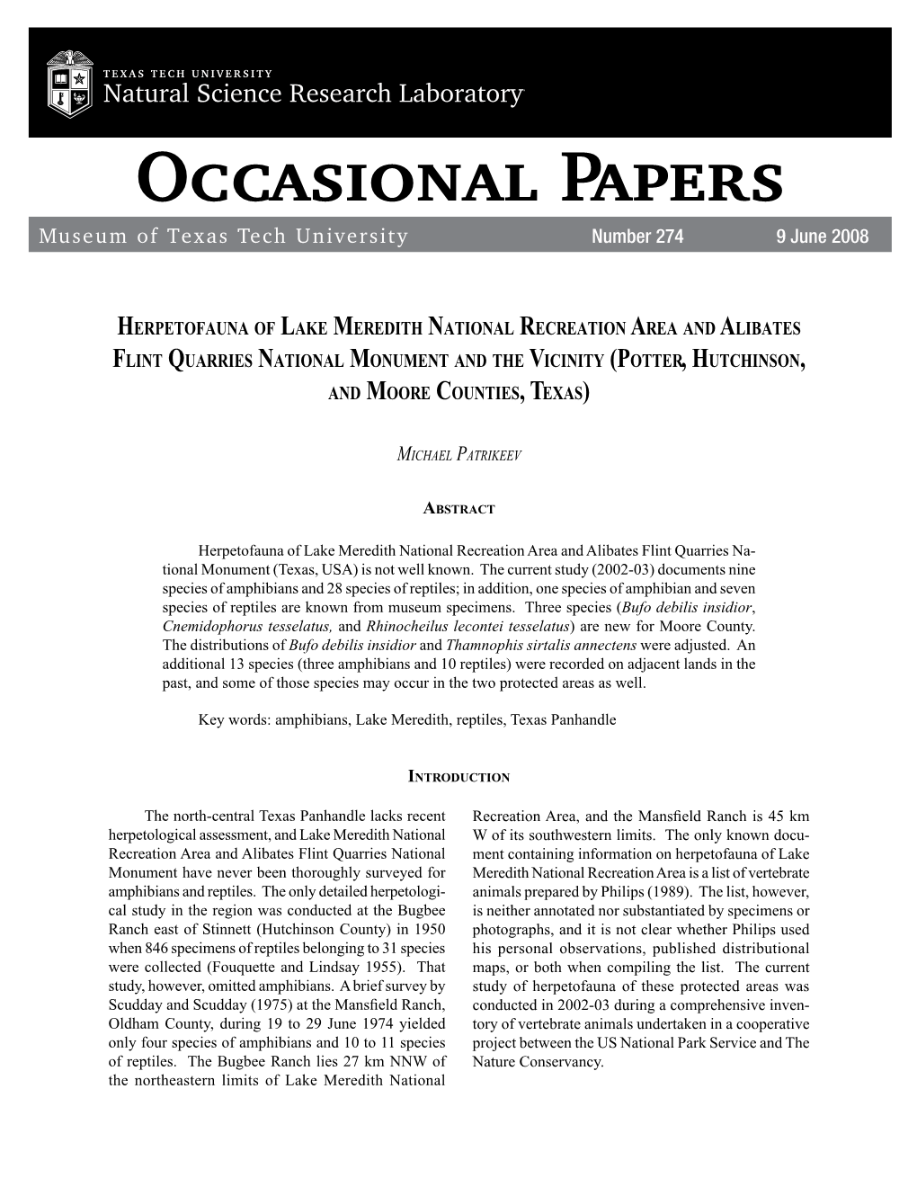 Occasional Papers Museum of Texas Tech University Number 274 9 June 2008