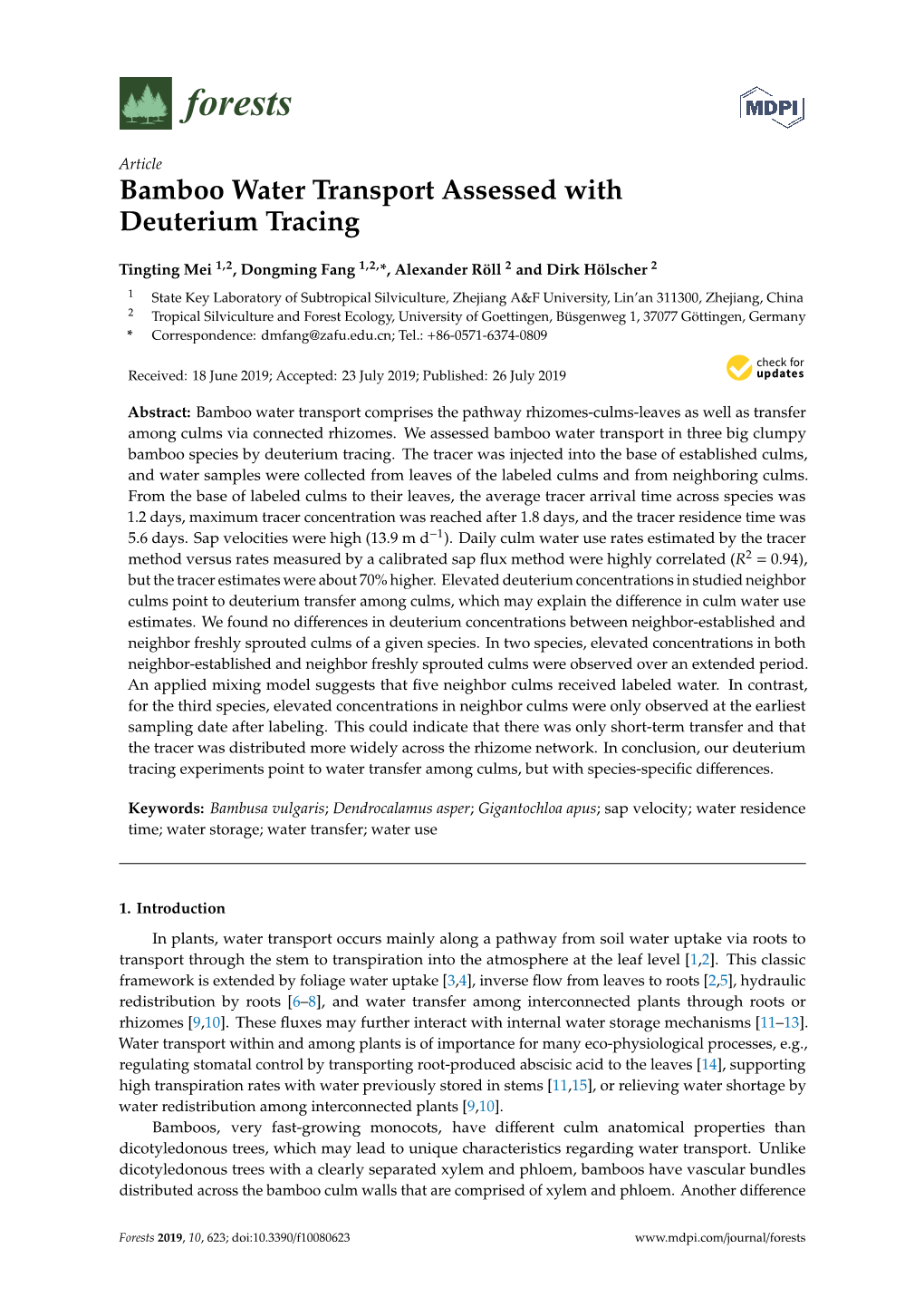 Bamboo Water Transport Assessed with Deuterium Tracing