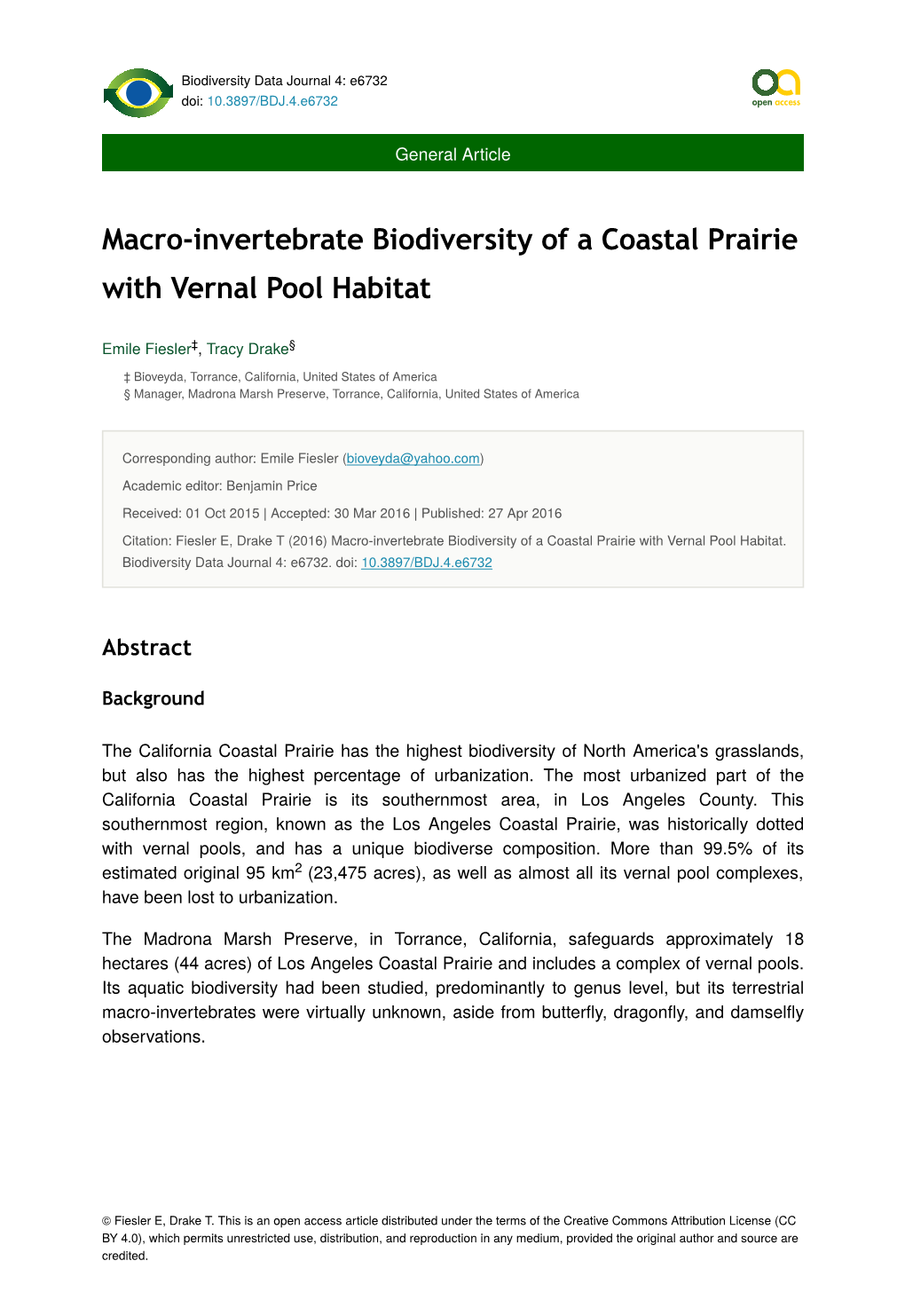 Macro-Invertebrate Biodiversity of a Coastal Prairie with Vernal Pool Habitat