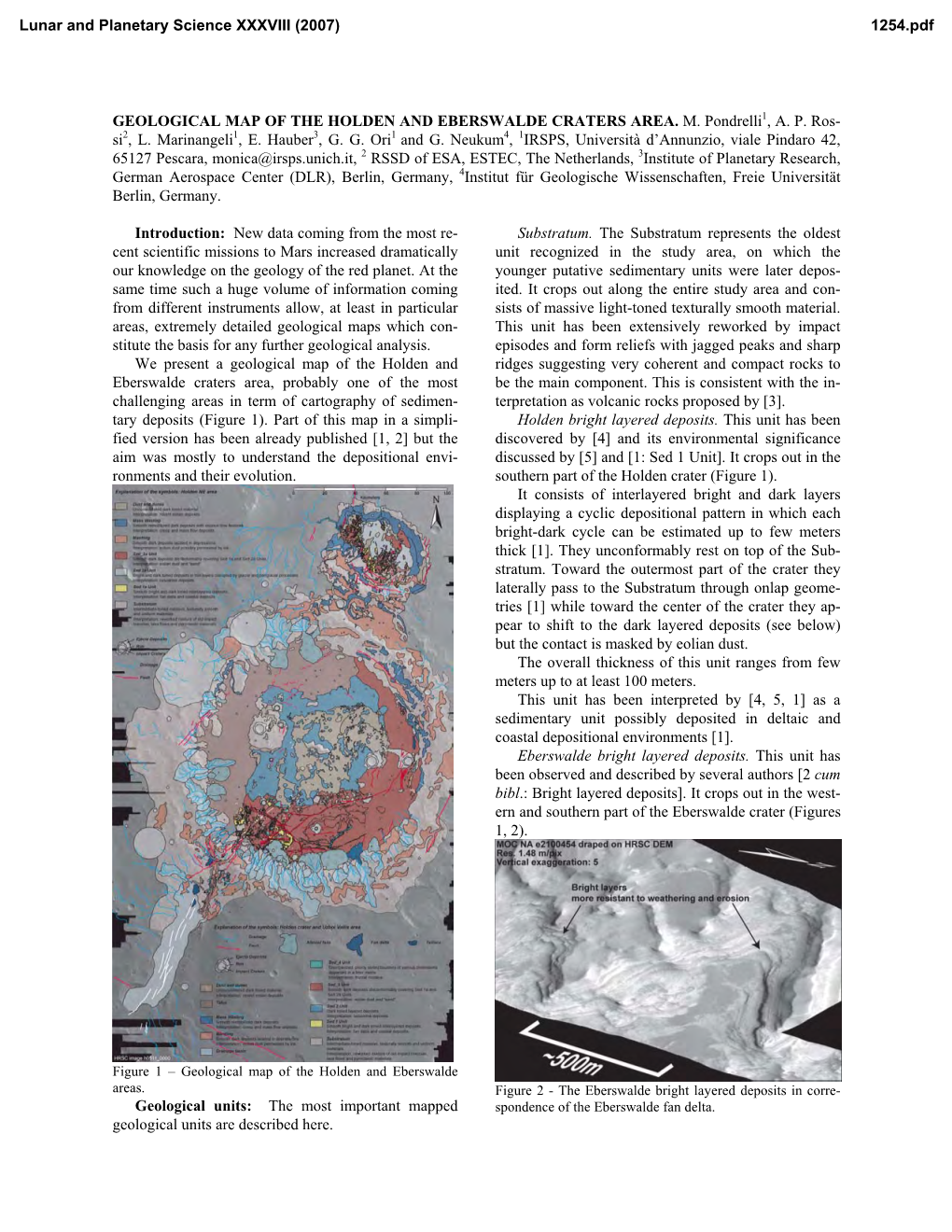 GEOLOGICAL MAP of the HOLDEN and EBERSWALDE CRATERS AREA. M. Pondrelli1, AP