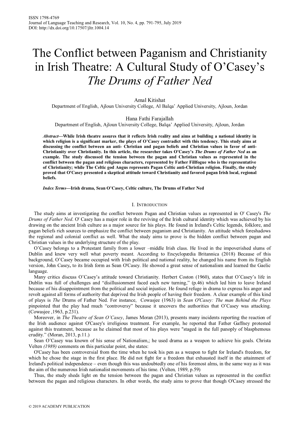 The Conflict Between Paganism and Christianity in Irish Theatre: a Cultural Study of O’Casey’S the Drums of Father Ned