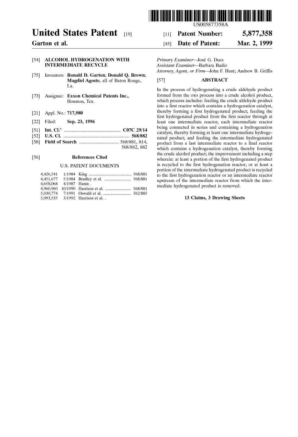 United States Patent (19) 11 Patent Number: 5,877,358 Garton Et Al