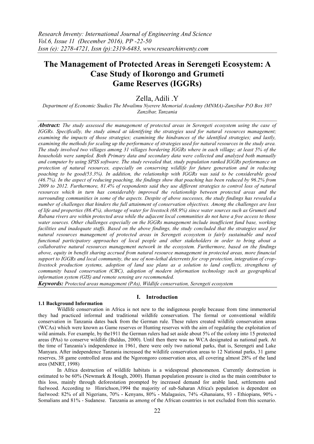 The Management of Protected Areas in Serengeti Ecosystem: a Case Study of Ikorongo and Grumeti Game Reserves (Iggrs)