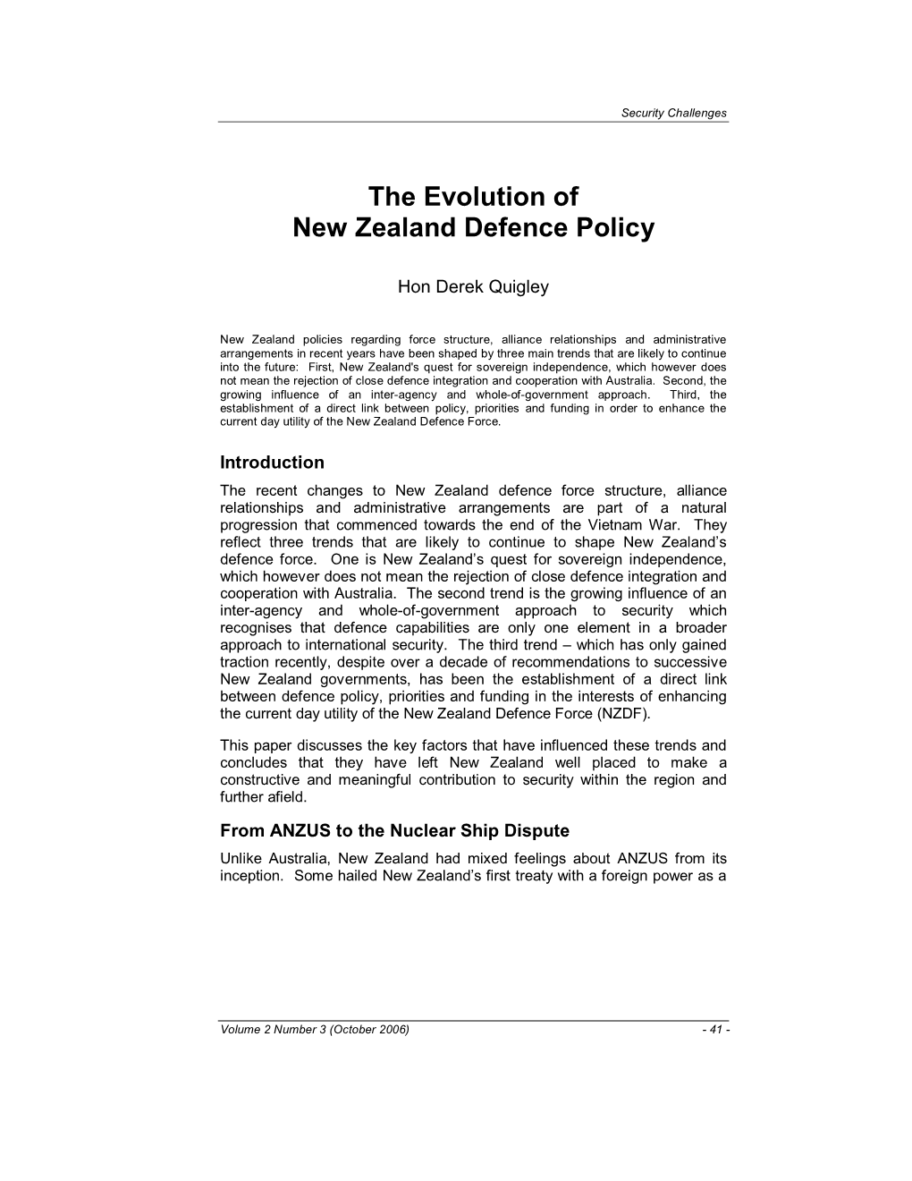 The Evolution of New Zealand Defence Policy