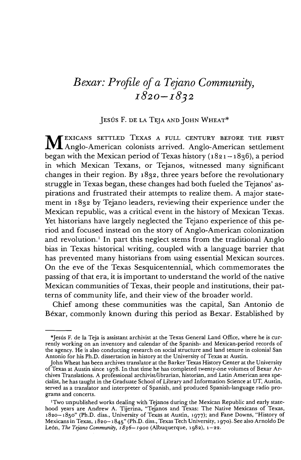 Bexar: Profile of a T W O Community, 1820-1832