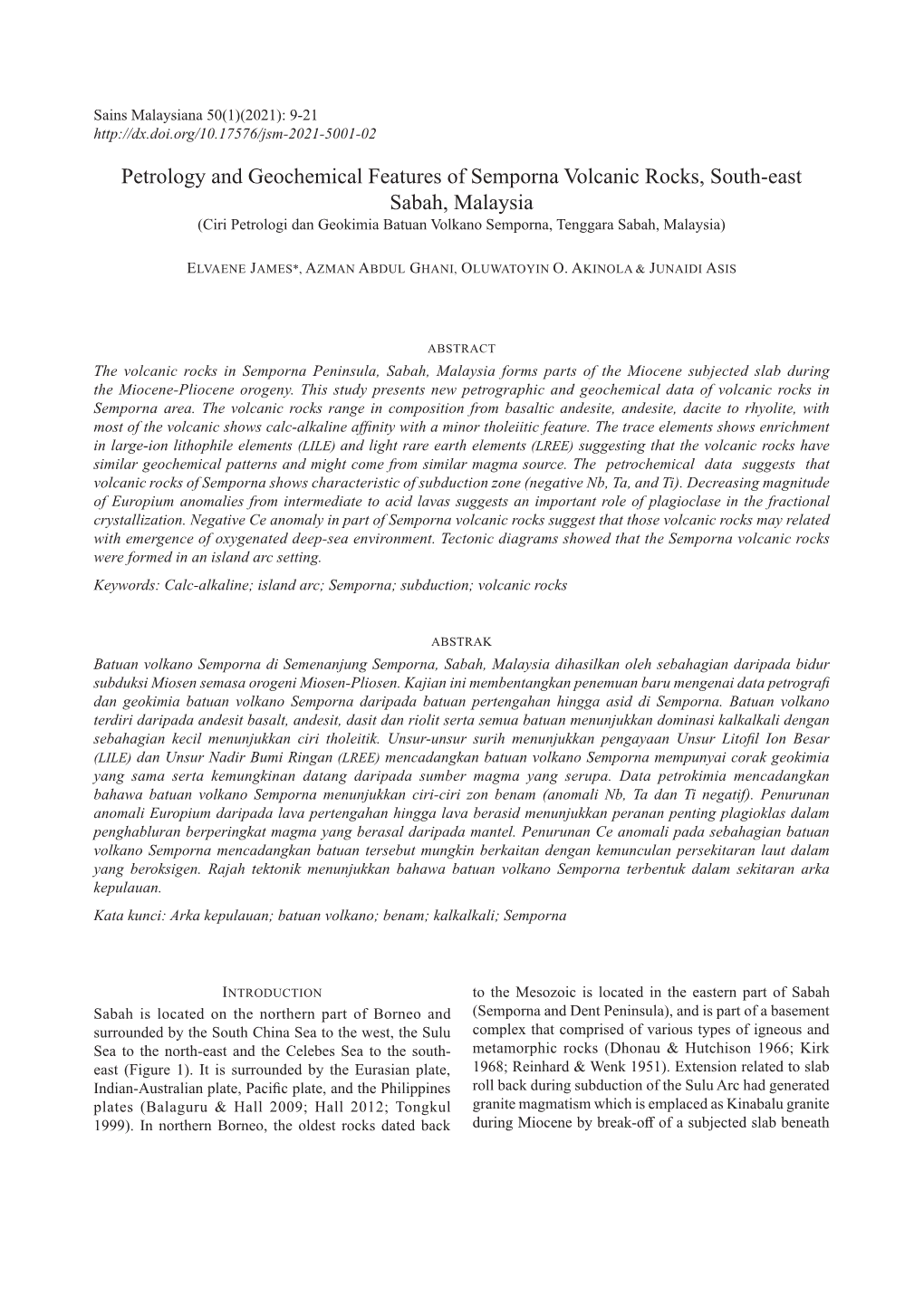 Petrology and Geochemical Features of Semporna Volcanic Rocks, South