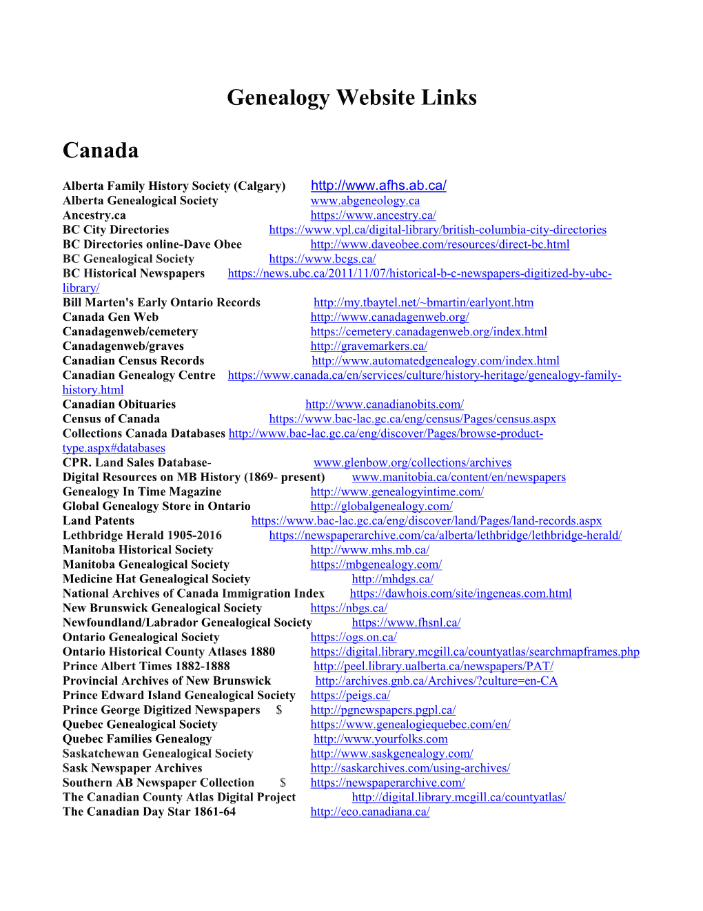 Genealogy Website Links Canada