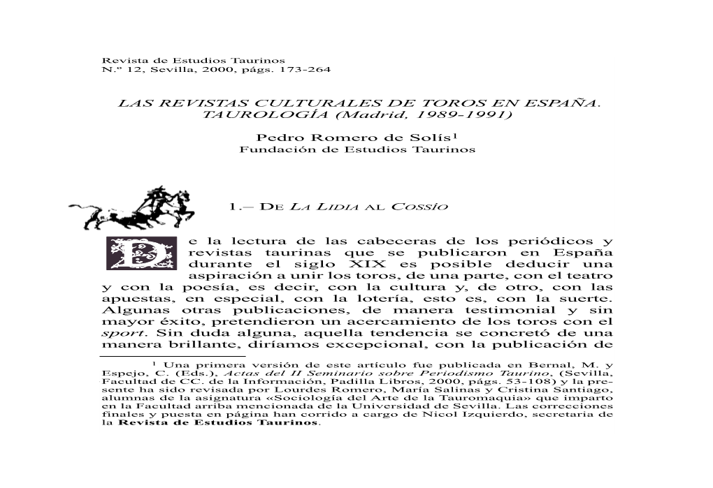 Las Revistas Culturales De Toros En España. Taurología (Madrid, 1989-1991) 175