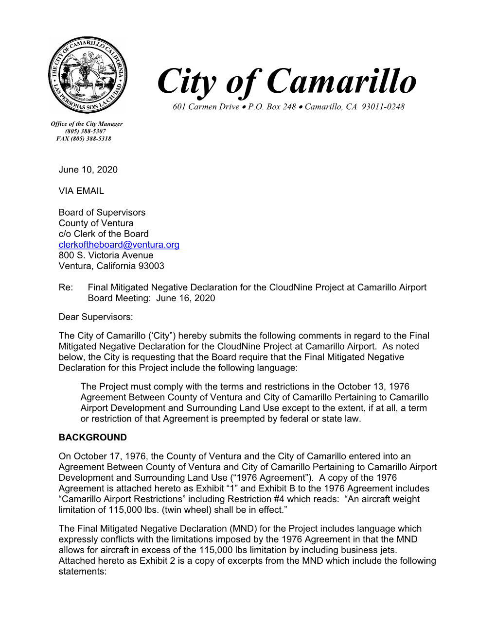 Letter from City of Camarillo to Ventura County Board of Supervisors