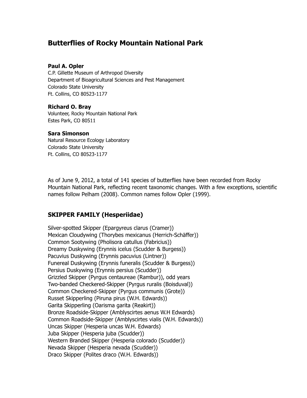 2012-6-9-12 RMNP Butterfly List-Edited by David J. Bettman