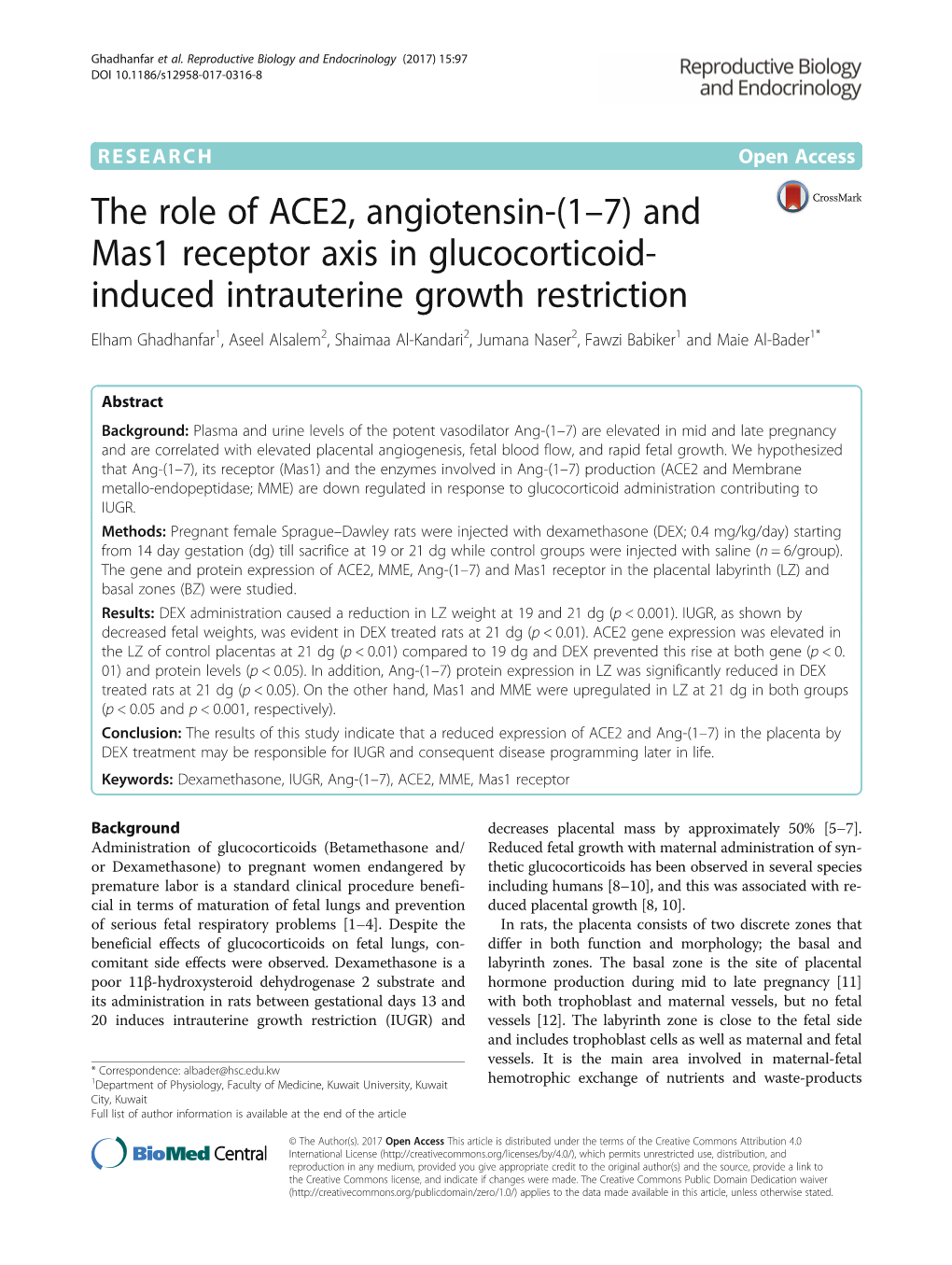 And Mas1 Receptor Axis in Glucocorticoid-Induced Intrauterine