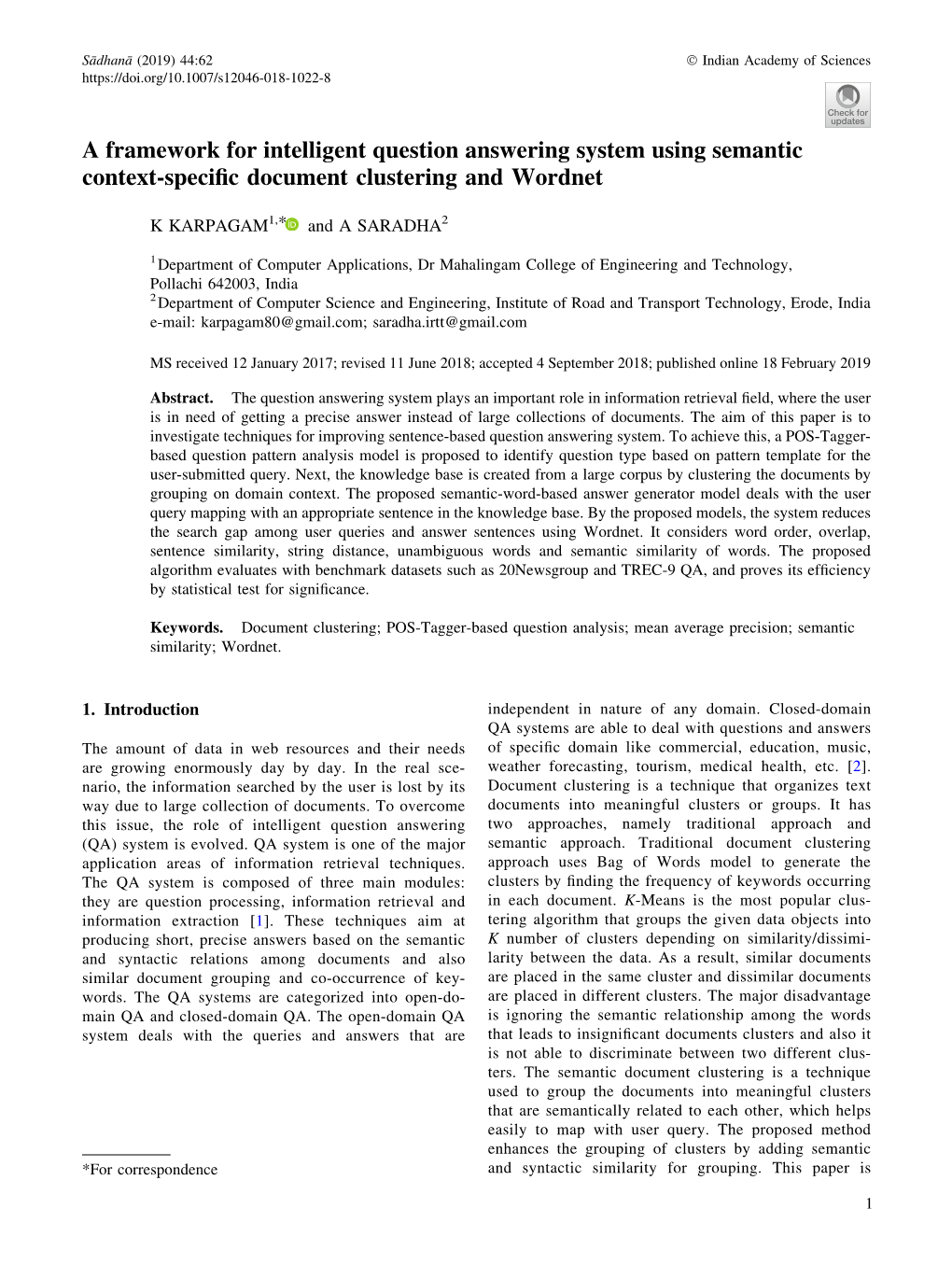 A Framework for Intelligent Question Answering System Using Semantic Context-Speciﬁc Document Clustering and Wordnet