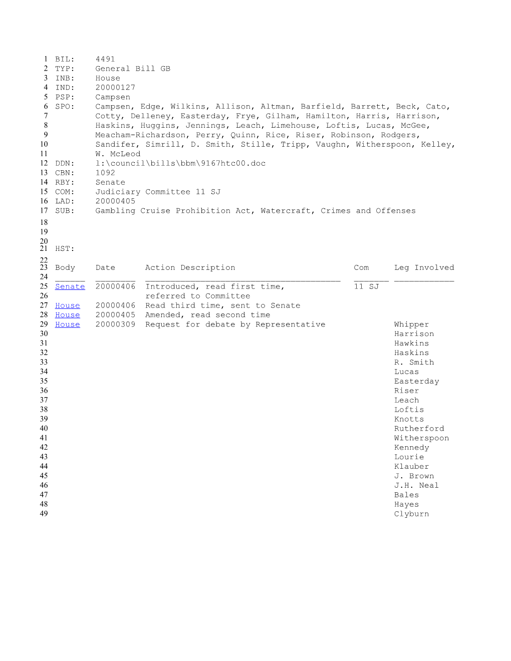 1999-2000 Bill 4491: Gambling Cruise Prohibition Act, Watercraft, Crimes and Offenses