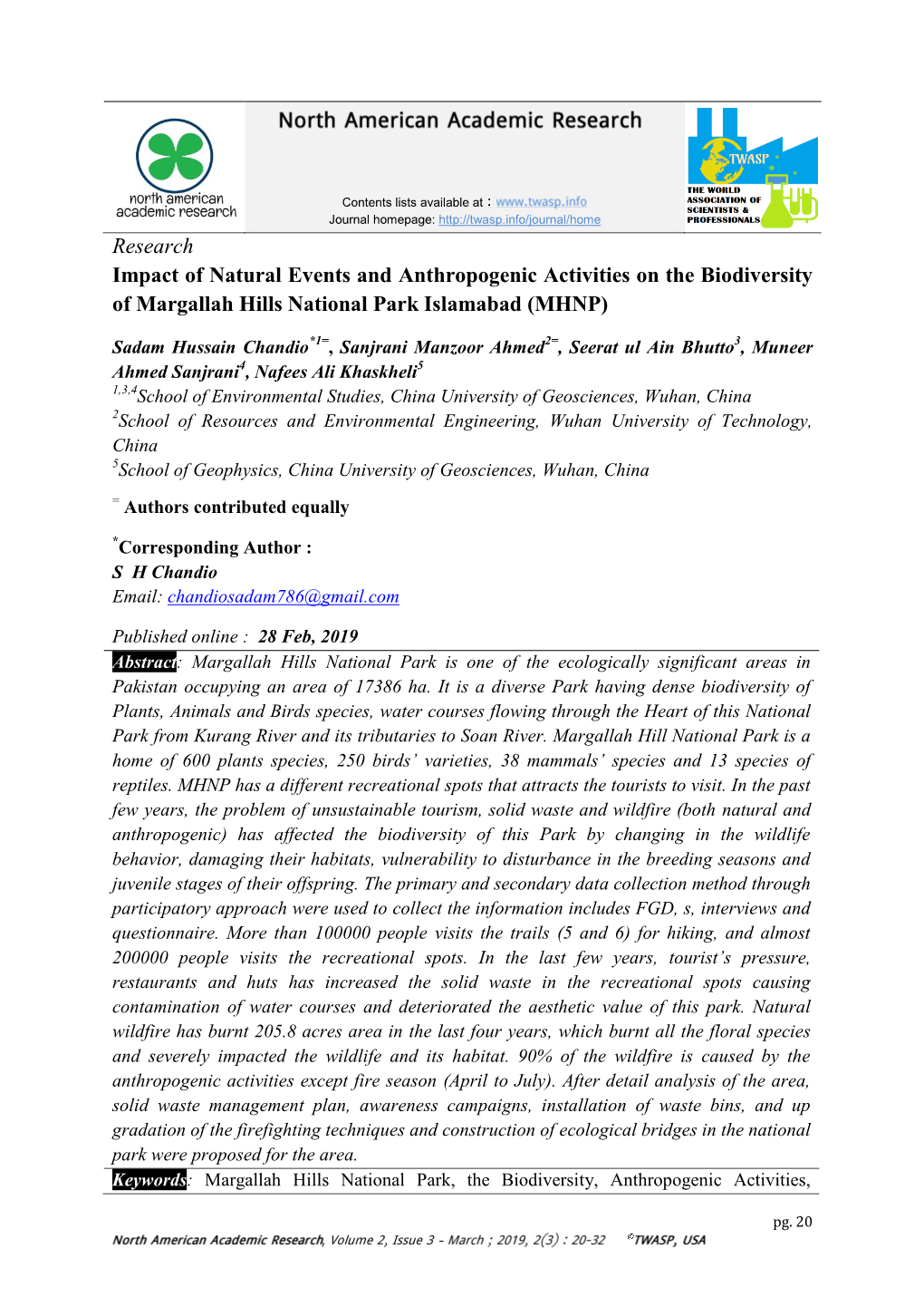 Research Impact of Natural Events and Anthropogenic Activities on the Biodiversity of Margallah Hills National Park Islamabad (MHNP)