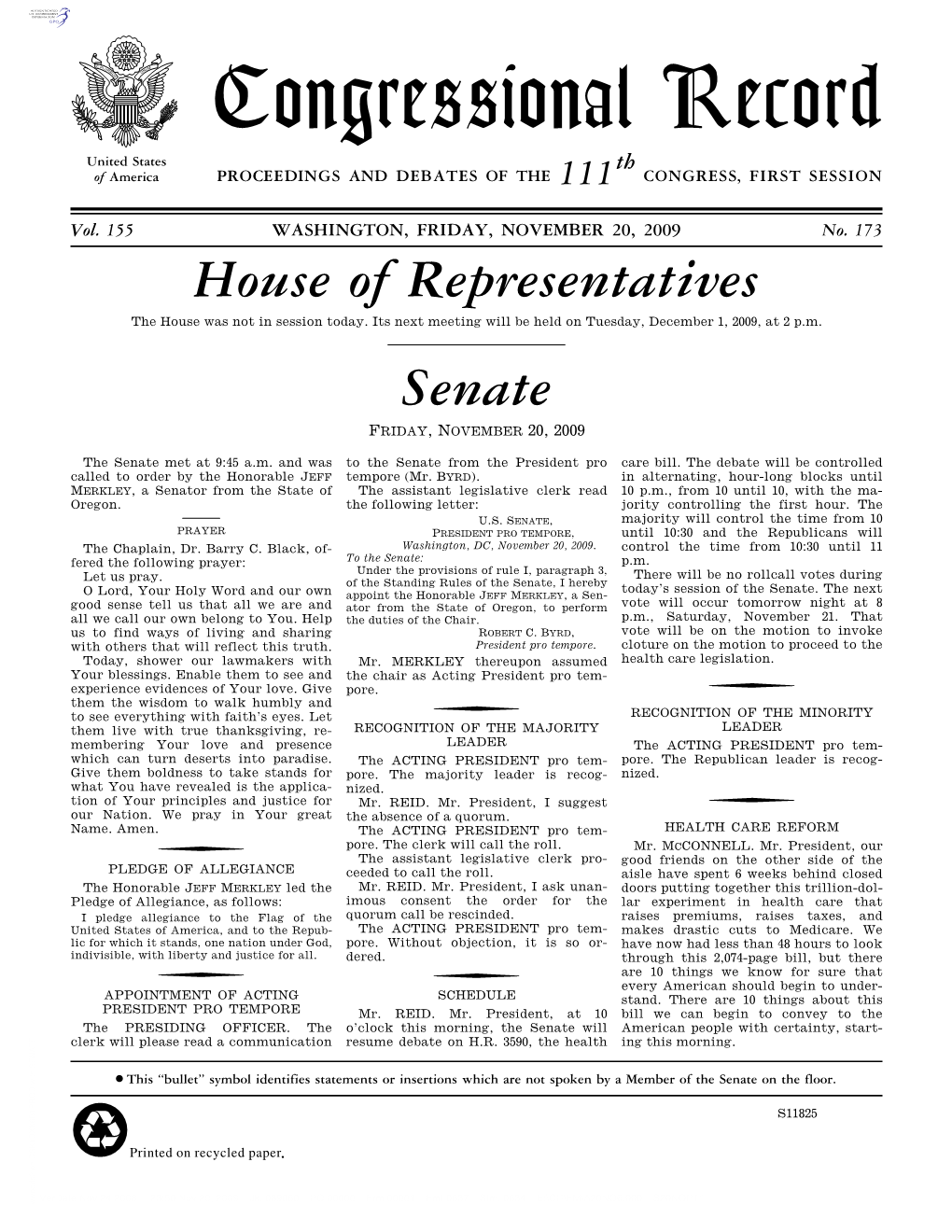 Congressional Record United States Th of America PROCEEDINGS and DEBATES of the 111 CONGRESS, FIRST SESSION