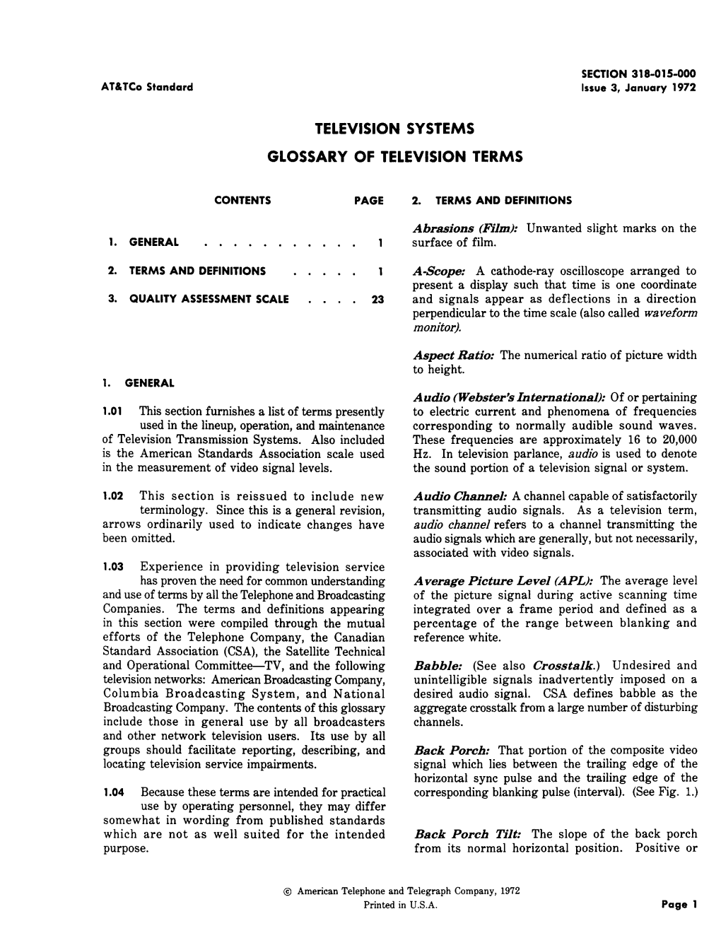 Television Systems Glossary of Television Terms