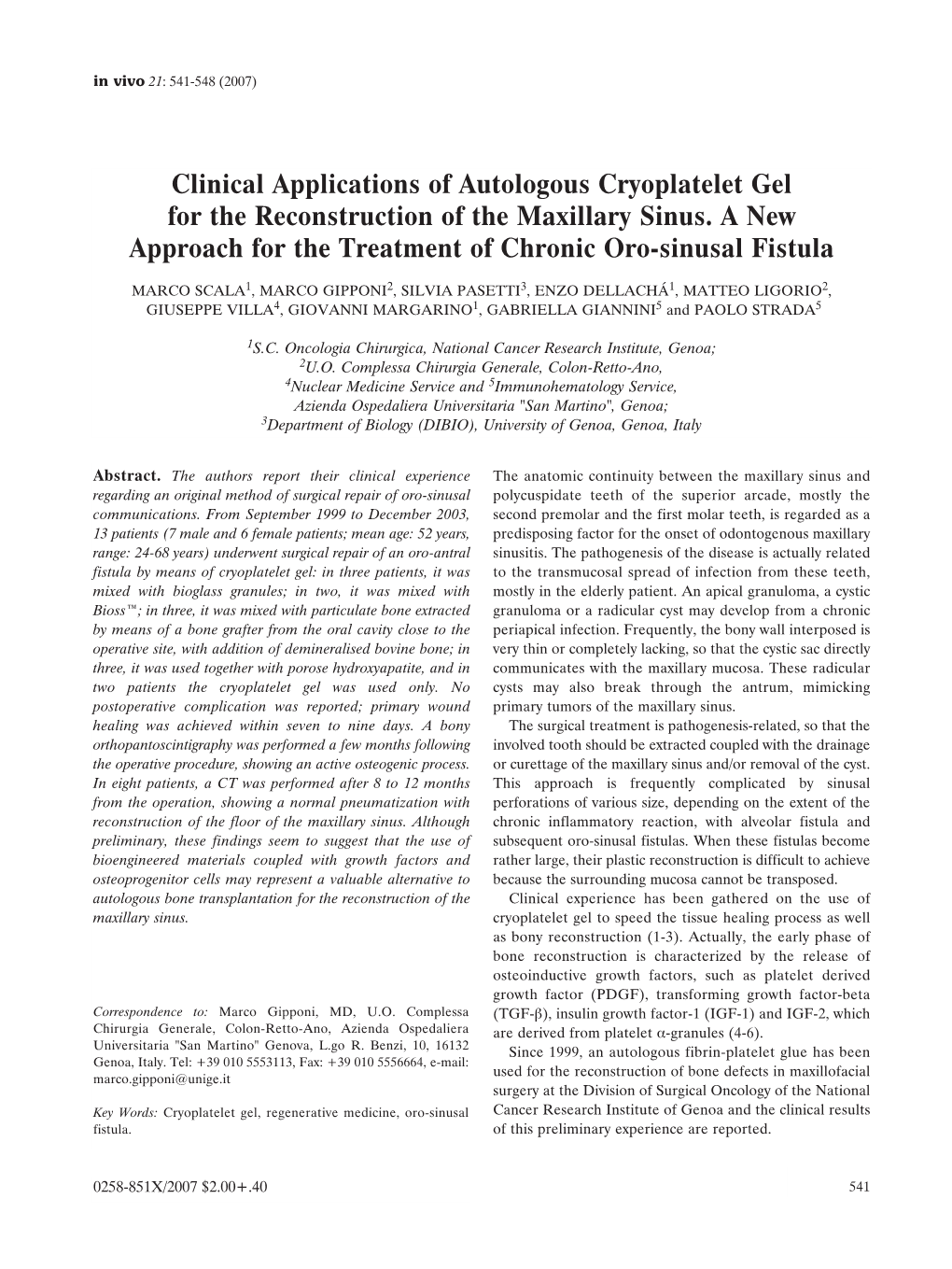 Clinical Applications of Autologous Cryoplatelet Gel for the Reconstruction of the Maxillary Sinus