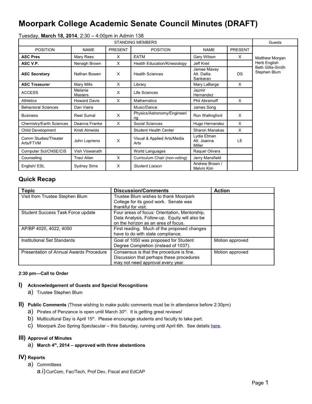 Moorpark College Academic Senate Council Minutes (DRAFT)