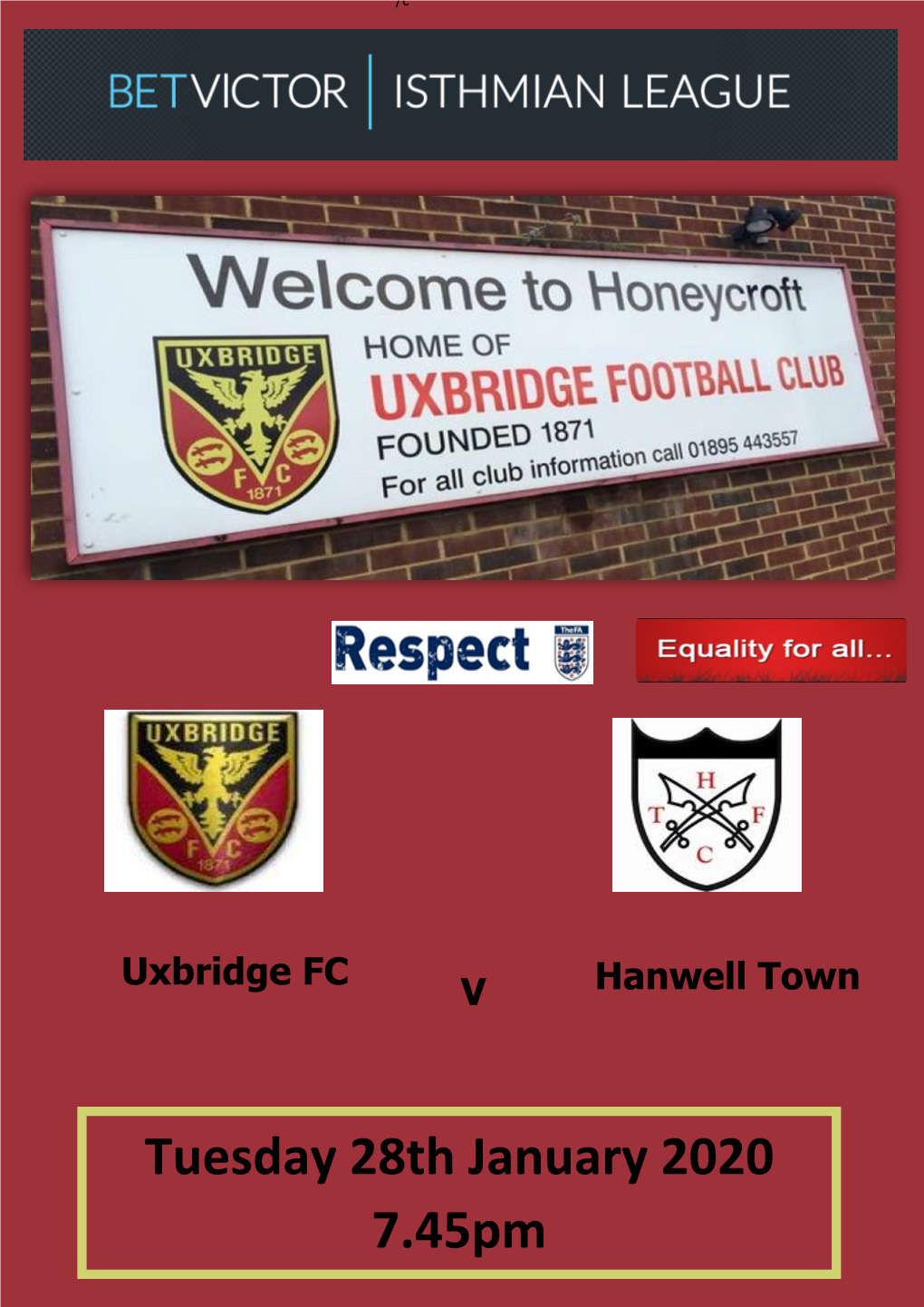 Tuesday 28Th January 2020 7.45Pm UXBRIDGE FOOTBALL CLUB