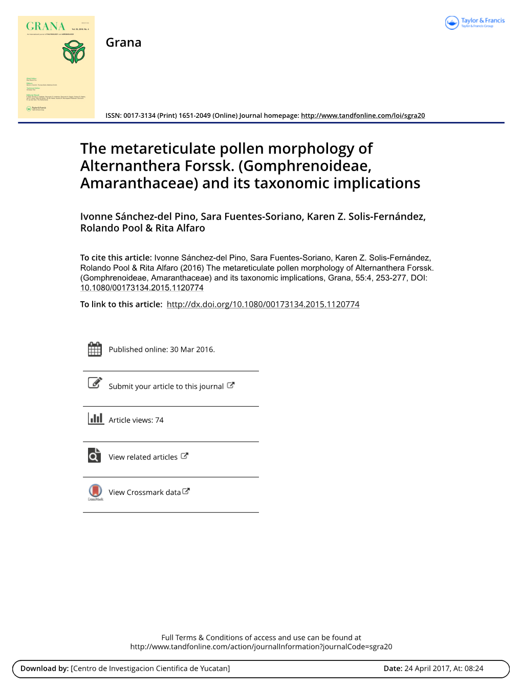 The Metareticulate Pollen Morphology of Alternanthera Forssk. (Gomphrenoideae, Amaranthaceae) and Its Taxonomic Implications