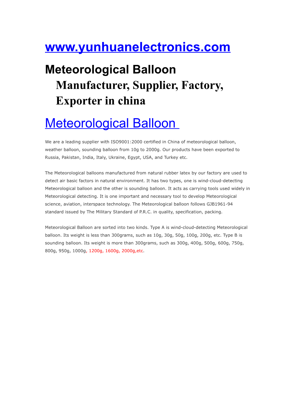 Meteorological Balloon Manufacturer, Supplier, Factory, Exporter in China