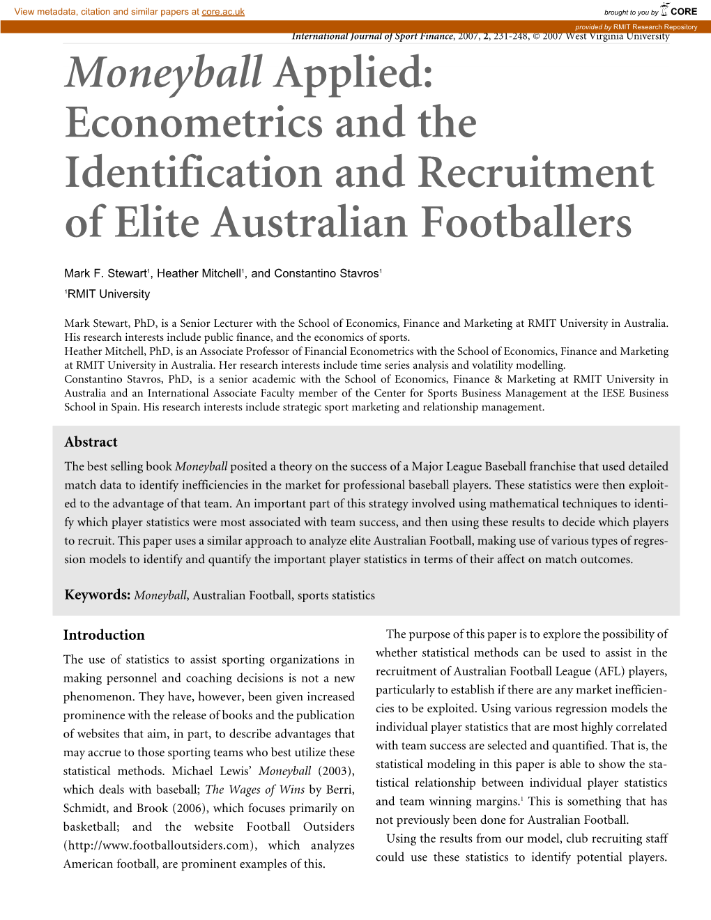 Moneyball Applied: Econometrics and the Identification and Recruitment of Elite Australian Footballers