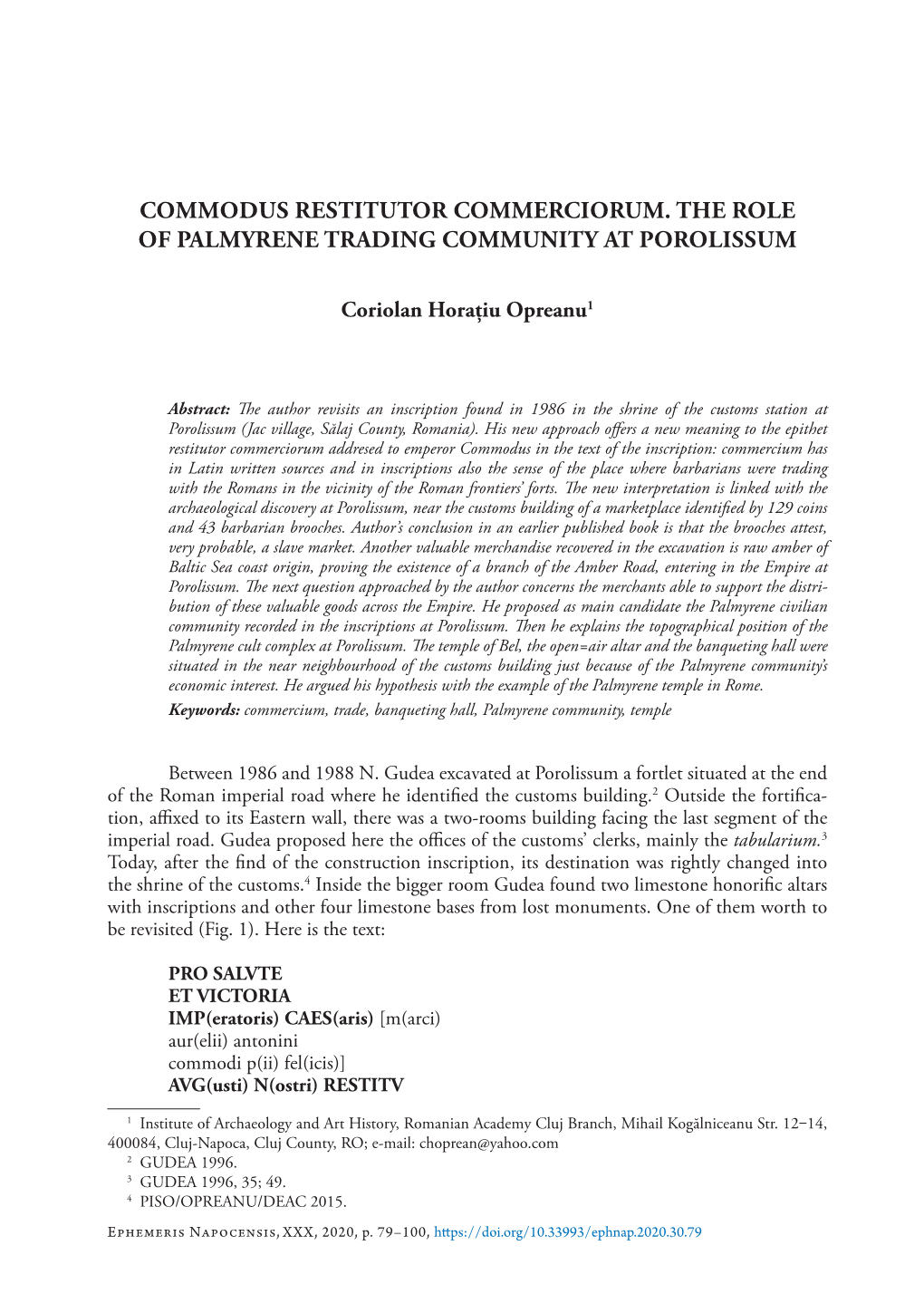 Commodus Restitutor Commerciorum. the Role of Palmyrene Trading Community at Porolissum