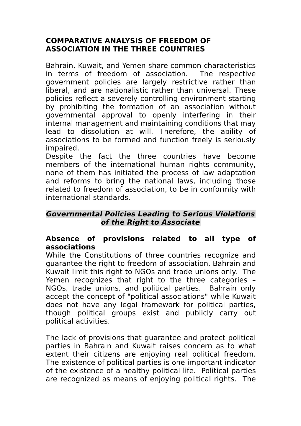 Comparative Analysis of Freedom of Association in the Three Countries