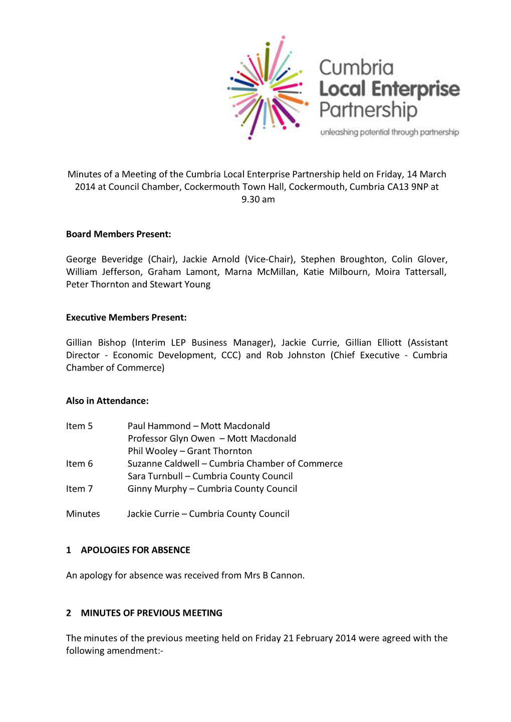 Minutes of a Meeting of the Cumbria Local Enterprise Partnership
