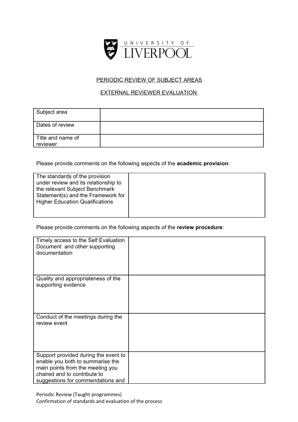 Periodic Review of Subject Areas