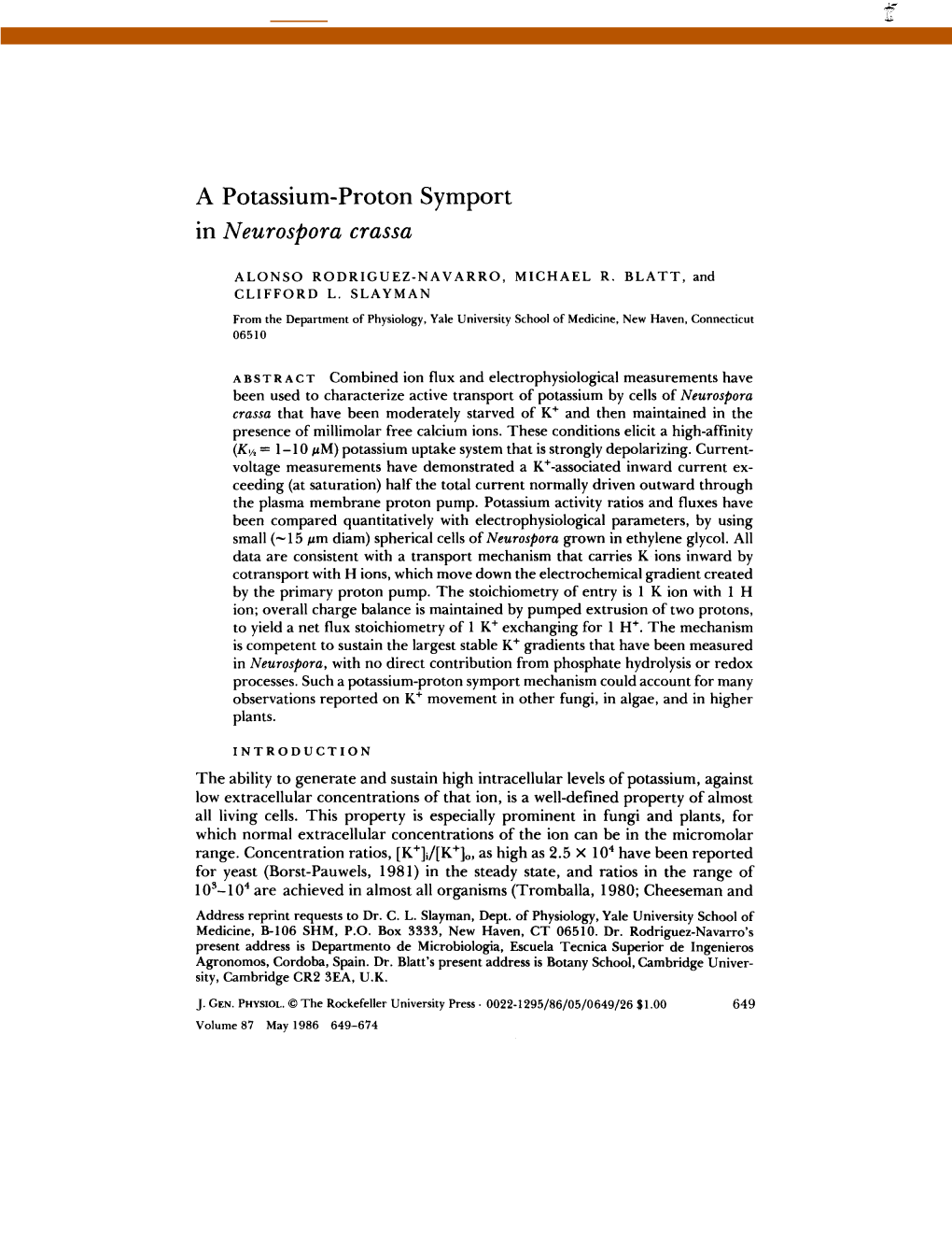 A Potassium-Proton Symport in Neurospora Crassa