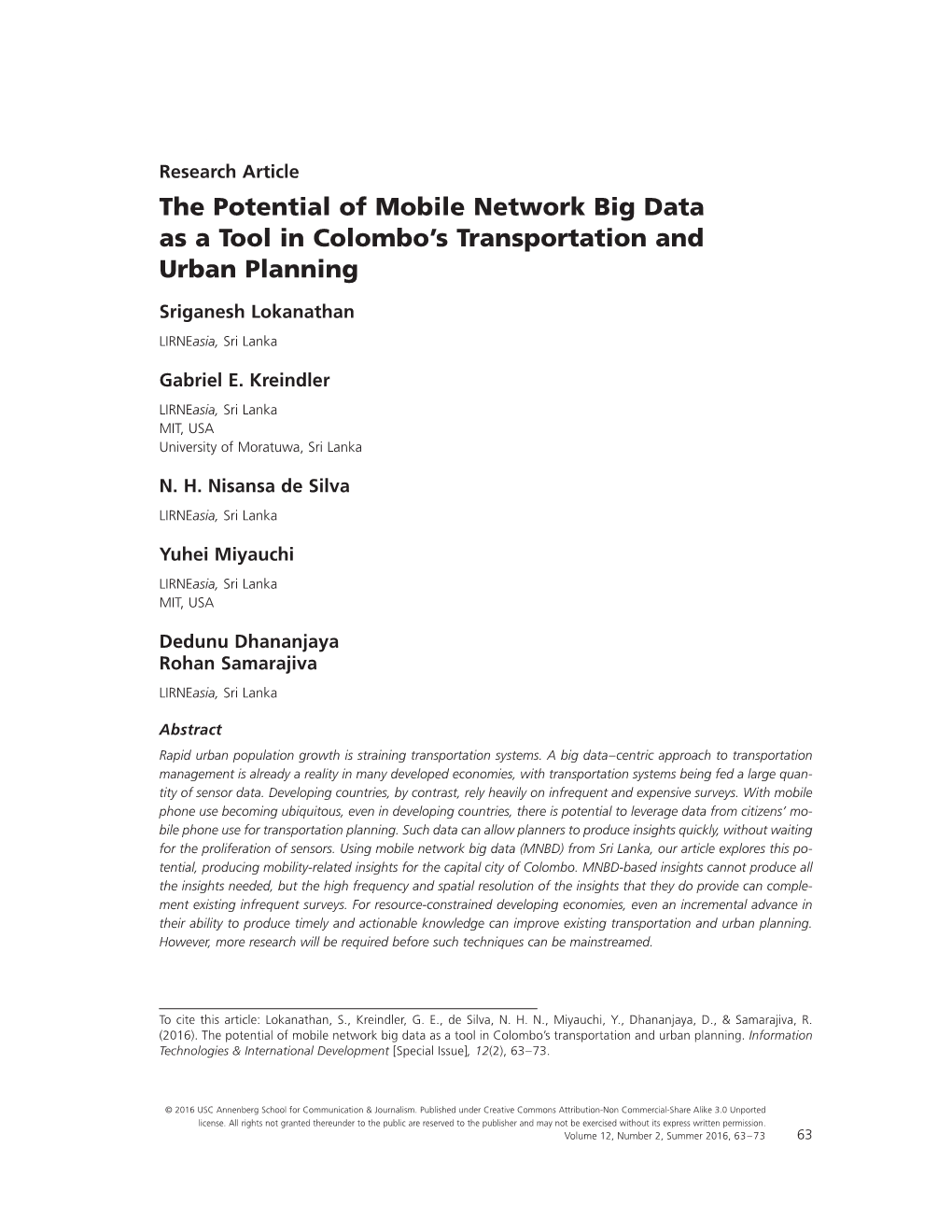 The Potential of Mobile Network Big Data As a Tool in Colombo's
