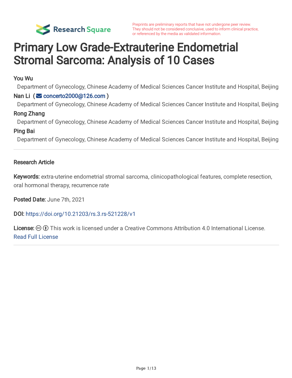 Primary Low Grade-Extrauterine Endometrial Stromal Sarcoma: Analysis of 10 Cases