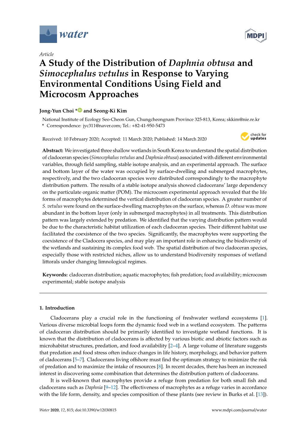 A Study of the Distribution of Daphnia Obtusa and Simocephalus Vetulus in Response to Varying Environmental Conditions Using Field and Microcosm Approaches