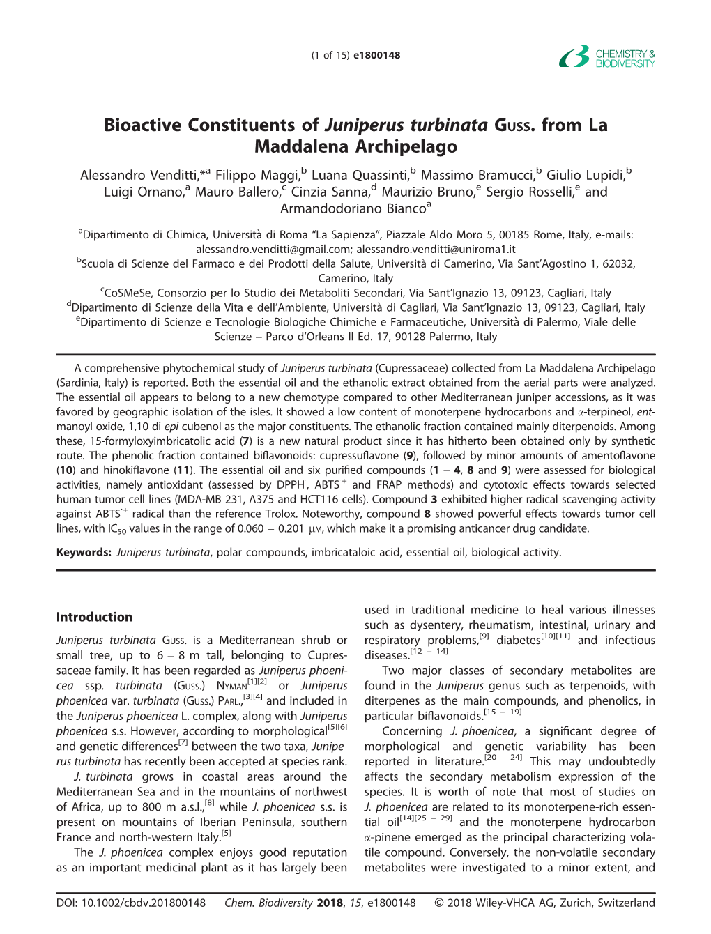 Bioactive Constituents of Juniperus Turbinata Guss. from La Maddalena