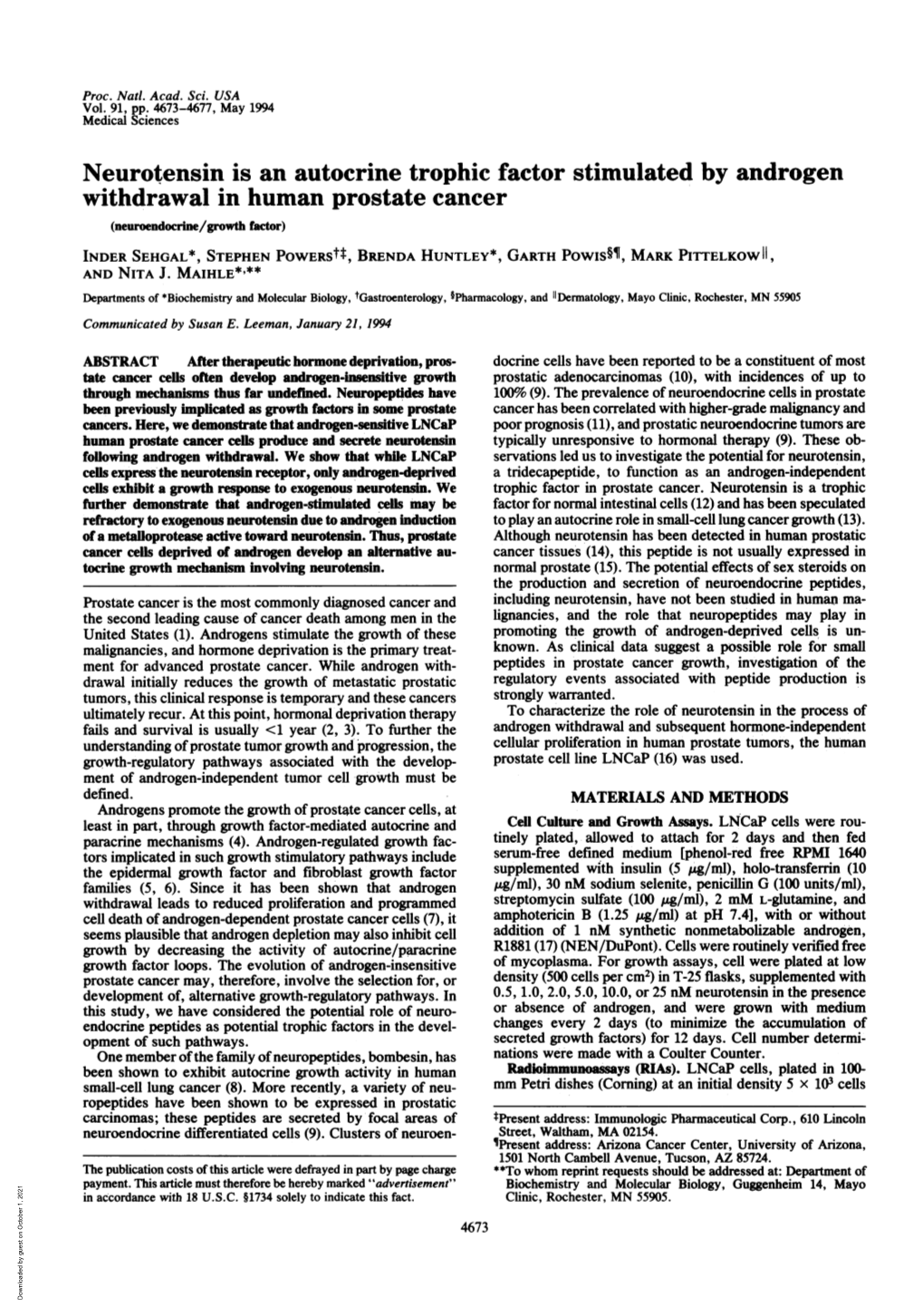 Neurotensin Is an Autocrine Trophic Factor Stimulated by Androgen